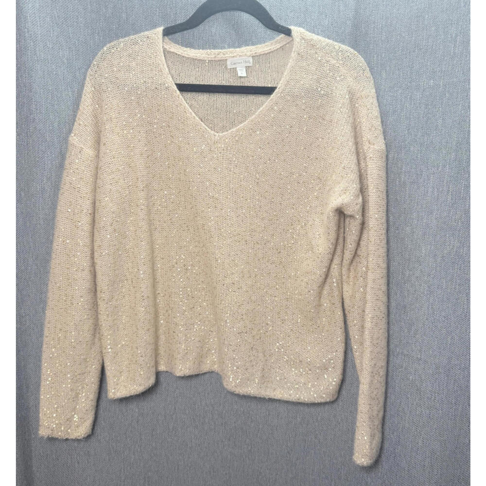 Garnet Hill Women's S - Gold Sequined V-Neck Sweater Holidays Sparkle Classic